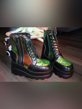 Holographic Platform Ankle Boots with Chunky Block Heels for Women size 39